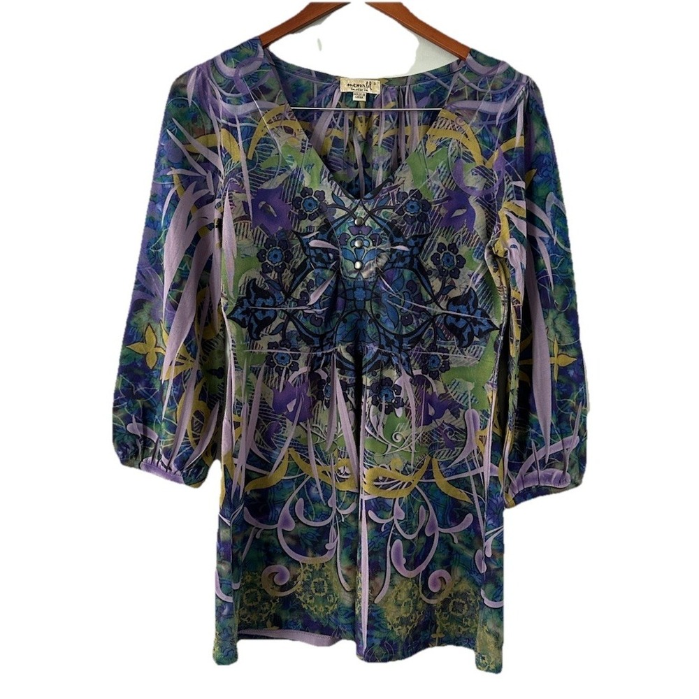 One‎ World Womens Satin Trim Sublimation Top S Purple Blue 3/4 Sleeve Tunic Top